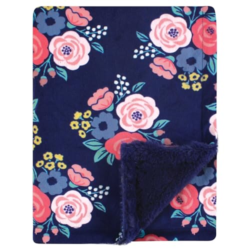 Image of Hudson Baby Infant Girl Plush Blanket with Furry Binding and Back, Navy Bold Floral, One Size