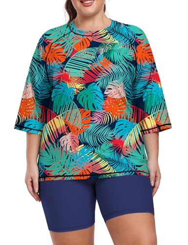 Inno Women's Plus Size 2 Piece Rash Guard Swimsuits Short Sleeve with Boyshorts UPF 50+ Surfing Swimwear 1X 2X 3X 4X 5X 6X