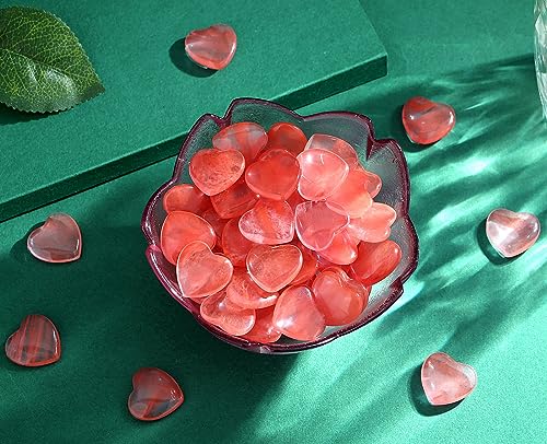 Image of QINJIEJIE 20PCS Cherry Quartz Heart Stones Crystals Bulk Love Shaped Worry Stone Heart Rock Pocket Polished Palm Gems Crystal Reiki Balancing Wholesale Carved Stone Decor Gift
