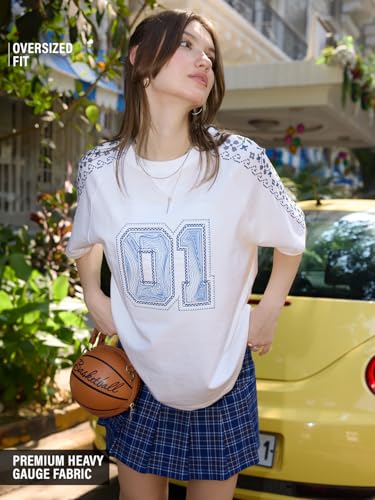 Image of The Souled Store Floral Varsity Women and Girls Short Sleeves Round Neck White Embroidered Cotton Oversized T-Shirts