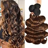 Nadula Hair Brown Balayage Ombre Body Wave Human Hair Weave 3 Bundles, Brazilian Highlight Remy Hair Chocolate Brown Human Hair Extension FB30 Ombre Color (16 18 20inch)