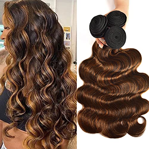Nadula Hair Brown Balayage Ombre Body Wave Human Hair Weave 3 Bundles, Brazilian Highlight Remy Hair Chocolate Brown Human Hair Extension FB30 Ombre Color (16 18 20inch)
