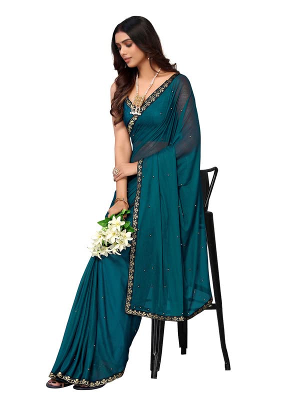 Image of SIRIL Women's Lace & Peral Work Saree with Unstitched Blouse Piece
