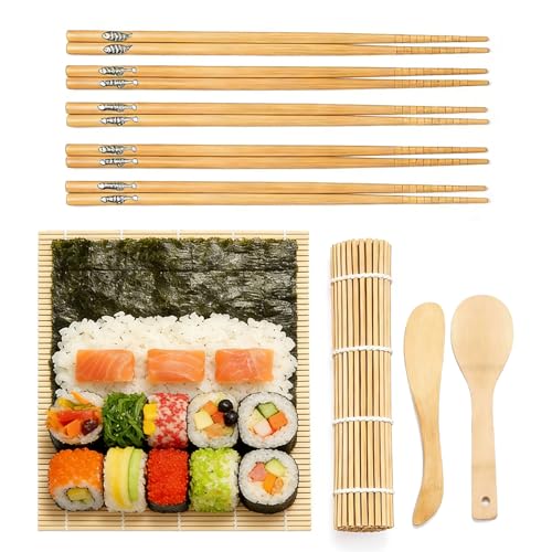 YBONRSQ Bamboo Sushi Making Kit for Beginners, 9 Piece Sushi Rolling Mat Set with Chopsticks, Traditional Sushi Roller Kit & Sushi Maker, Cooking Kit for Adults, Family DIY & Date Night Gift