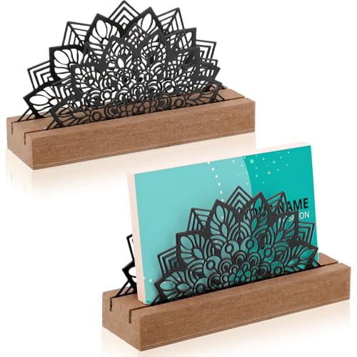 CroBlissful 2 Pcs Lotus Business Card Holders for Desk, Wood&metal Black Lotus Silhouette Business Card Display Stand for Home Office