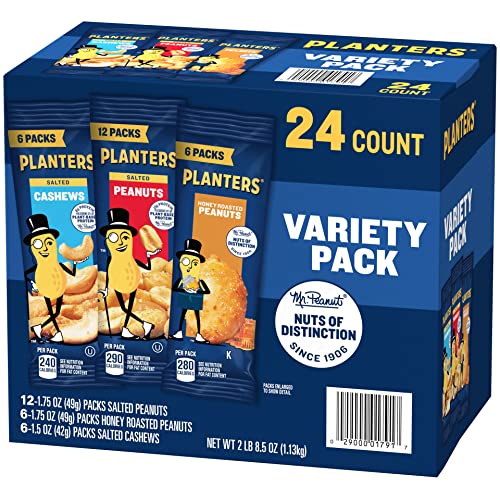 Image of PLANTERS Peanuts & Cashews Variety Pack, 40.5 oz, Includes 12 packages Honey Roasted Peanuts (1.75 oz each), 12 packages Salted Peanuts (1.75 oz each), and 12 packages Salted Cashews (1.5 oz each)