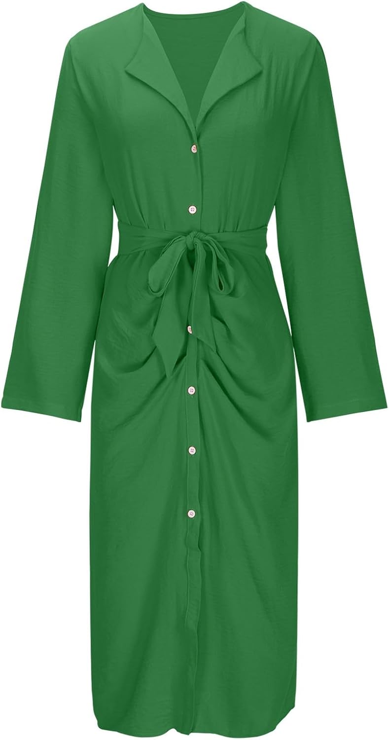 HGps8w Women's Button Down Linen Pencil Dress, Long Sleeve Casual Lapel Collar Slim Fitted Formal Party Cocktail Midi Dress