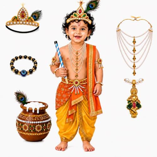 Image of Raj Costume Shri Krishna Dress for Kids, Bal Krishna Costume for Baby Boy and Girl, Janmashtami Fancy Dress Costume, Krishna Dress for Kids