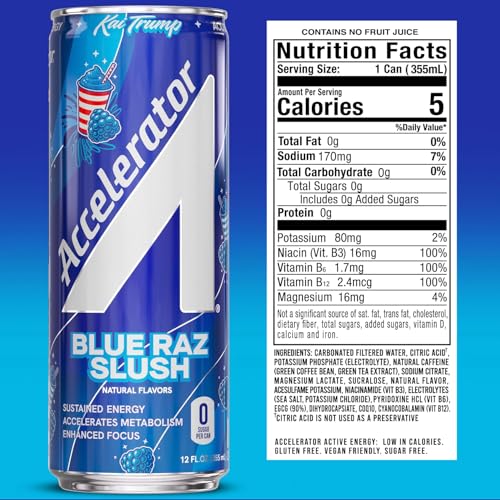 Image of Accelerator Active Energy Drink, Blue Raz Slush 12oz can (12 pack) | Zero Sugar, Sustained Energy from 100% Natural Caffeine (200mg from Green Coffee Bean & Green Tea extract)