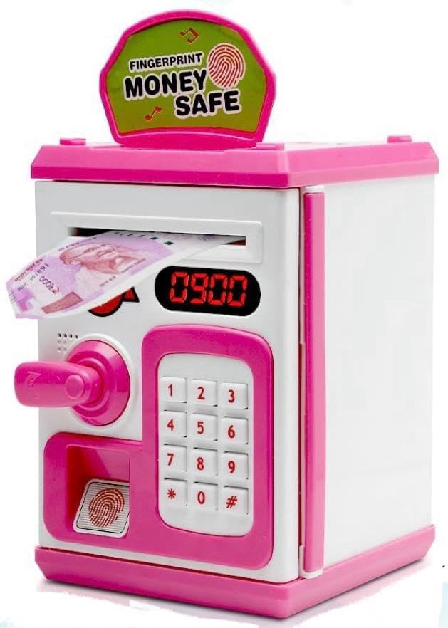 Image of Piggy Bank Toy for Kids and Adults - Gullak Money Safe with Number Password and Touch Sensor - Money Saving Mini ATM Toy with Lights and Sound (Pink -White)