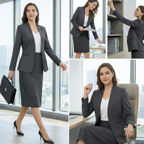 Women\'s 2 Piece Business Suit Skirt Set Collarless Blazer Jacket & Pencil Skirt Office Work Professional Outfits Grey