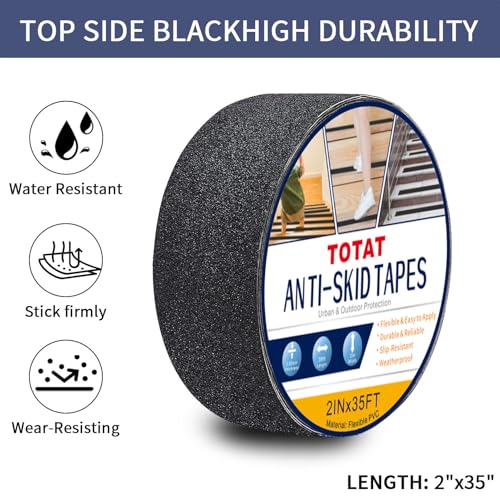 Image of Black Anti-Slip Stair Treads Tape,2 inch x35FT Heavy Duty PVC Non-Skid Grip Tape for Wooden Steps, Indoor /Outdoor Stairs, Pool Decks - Peel & Stick Waterproof Safety Traction