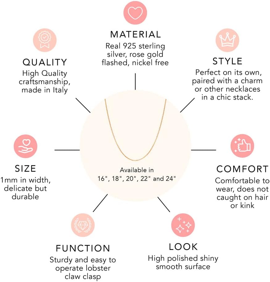 BERRICLE Italian Sterling Silver Rolo Chain Necklace for Women, 3 Piece (Rose Gold Flashed, Yellow Gold Flashed, Rhodium Plated)