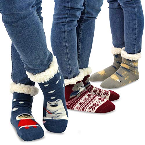 TeeHee Little Kids Soft Premium Thermal Double Layer Crew Socks 3-Pack (6-8 Years, Winter Bear)