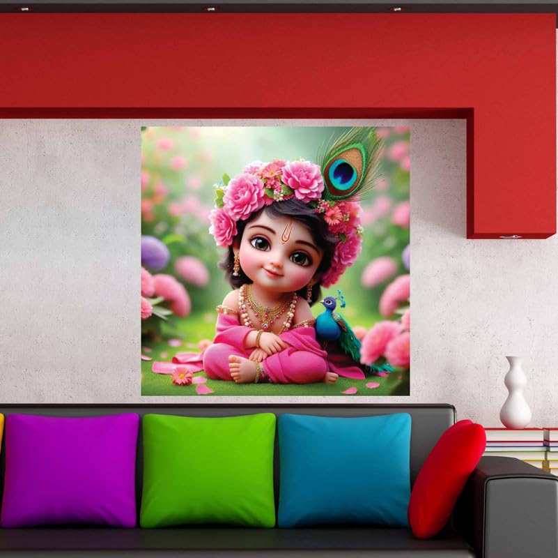 Image of British Terminal Cute little Bal Gopal Baby God Krishna| Kanha Ji | Laddu Lord Makhan Chor Painting Religious Poster for Pregnant Women for wall (matt thin vinyl,sticker,multicolor,unframed)| bj157