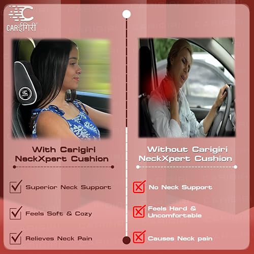 Image of Carigiri NeckXpert Car Neck Rest Pillow|1 Year Warranty|Memory Foam Neck Pillow| Seat Headrest Cushion| Car Neck Pillow for Neck Pain Relief in Office,Driving(Black,White Hemming,Pack of 1)