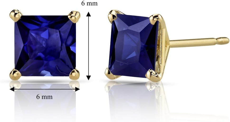 Peora 14K Yellow Gold 2.75 Carats Created Blue Sapphire Stud Earrings for Women, Classic Solitaire Princess Cut 6mm, Friction Back, Blue Drop Earrings, September Birthstone Gift