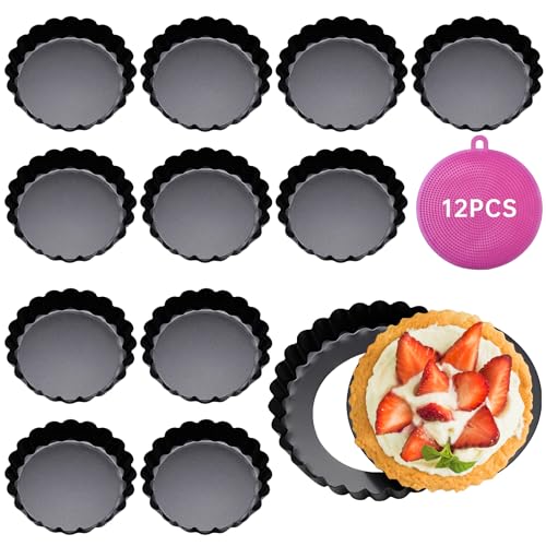 Dazhtu Lot de 12 Moule a Tarte à Fond Amovible, Moule à Tartelette 8cm/3 pouces, Revêtement Antiadhésif Moulle Tartelettes Mini,Plat a Tarte en Acier...