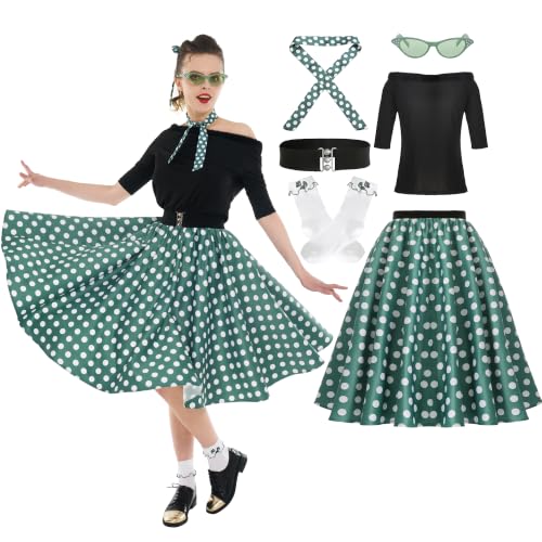 Leadtex Sock Hop Outfits Women 1950s Poodle Skirts Poodle T-Shirt with 50s Accessories Socks Scarf Belt Eye Glasses (Green L)