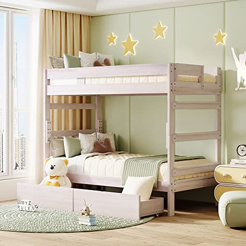 Lifeand Twin Over Twin Wood Bunk Bed With 2 Drawers,Can Divided Into 2 Separate Beds,White #TOP8