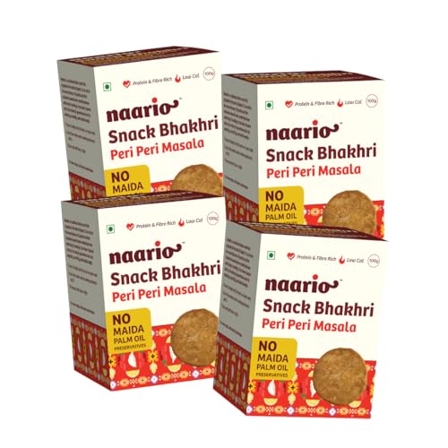 Image of Naario Peri Peri Crackers (12 Calories /pc) Healthy Snack for Kids and Adults | High-Fibre, Whole Wheat Baked Bhakhri Spicy Flavour | Perfect for Guilt-Free Munching | 100g Pack of 4