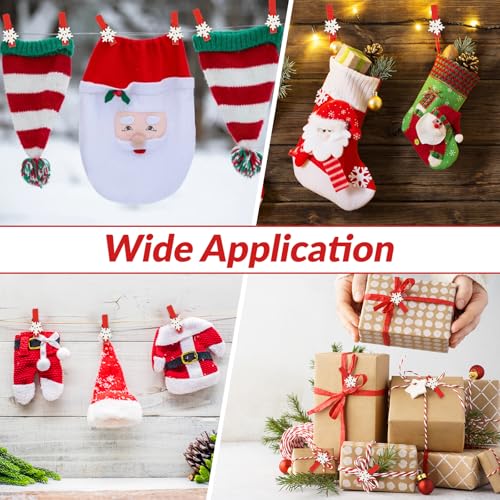 70 Pcs Christmas Clothespins, Red Snowflake Wooden Clips with 33 FT Jute Twine, Mini Clothespins for Hanging Clip Photos Party Favors School Home Art Craft Decor