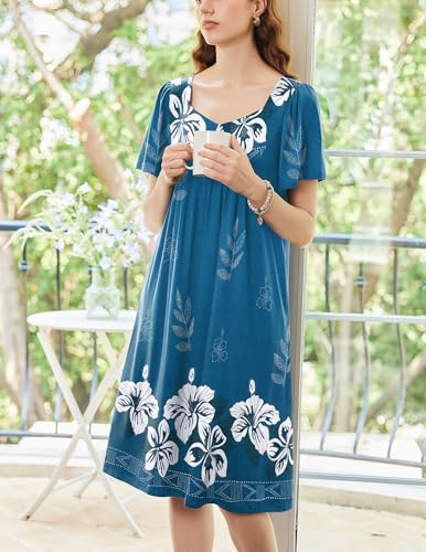 Image of Ekouaer Women's House Dress - Pleated Nightgown with Short Sleeves & Pockets