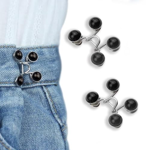 Urmspst 4 Set Pant Waist Tightener, Adjustable Waist Buckle Set, Extra Button for Jeans to Make Tighter, Button Adjuster for Pants, Jeans, Skirts, Sleeves, (Black Pearl)