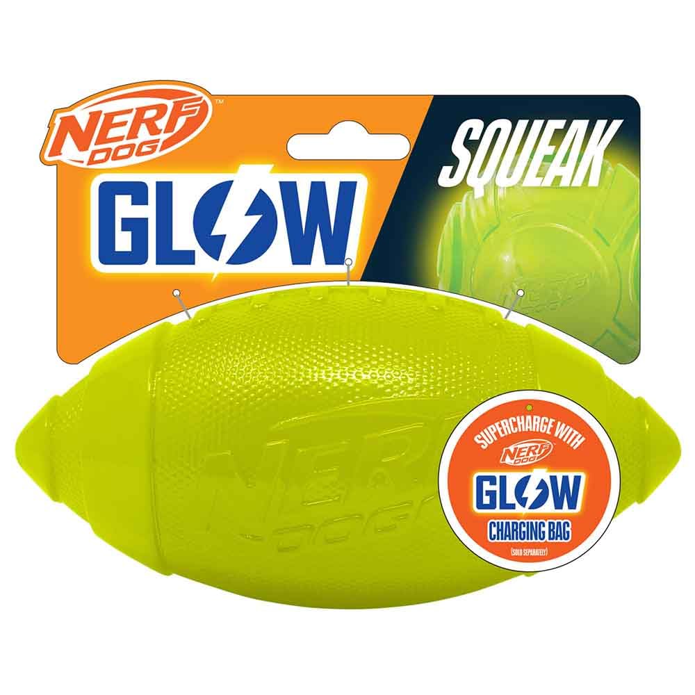 Nerf Dog TPR Ultra GLOW Football with Squeaker, 7-Inch Rechargeable Durable Fetch Toy for Night Play Green
