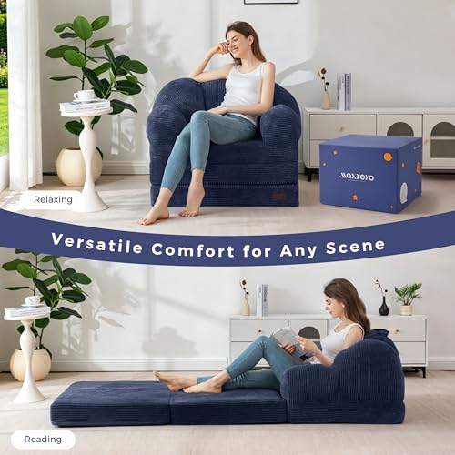 Image of MAXYOYO Folding Sofa Bed, Floral-Shaped Convertible Floor Sofa Couch with Backrest, 2 in 1 Comfy Lounger Bean Bag Chair with Handle, Floor Single Couch for Living Room Bedroom, Navy