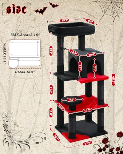 Image of MUTTROS Gothic Cat Tree with Super Large Hammock, 45.7 inch Black Cat Tower with Coffin Bed, Cat Condo, Sisal Scratching Posts & Top Perch, Multi-Level Goth Cat Tree, Halloween, Black