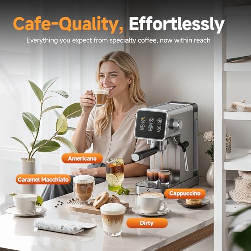 Image of AMZCHEF 20 Bar Professional Espresso Machine with LED Touch Screen, Self-Cleaning System and Milk Frother, Compact Cappuccino & Latte Maker for Home and Office