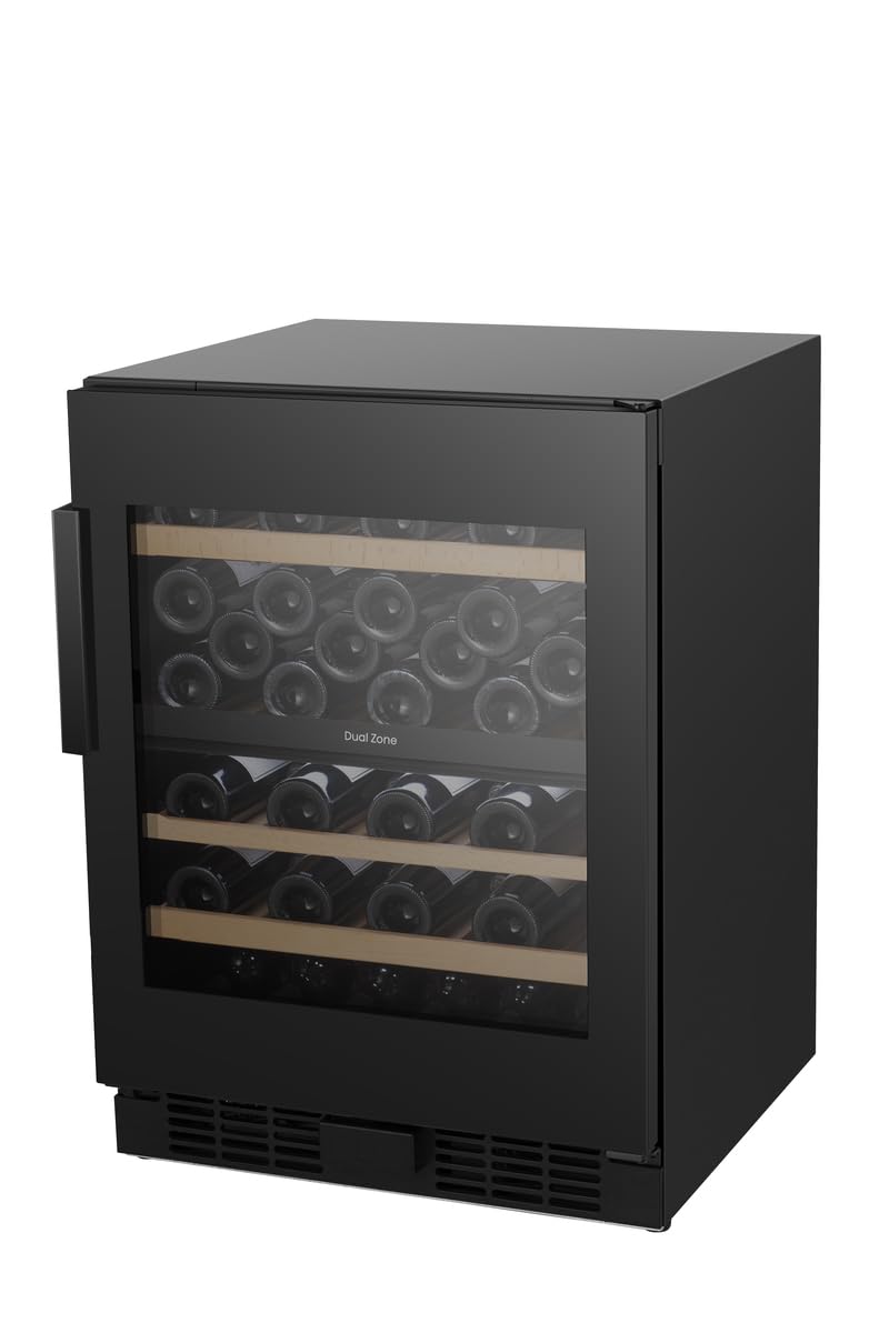 Hisense RW3N122GSLF Weintemperierschrank/Freistehend/EEK F/46 Flaschen Kapazität/WIFI/Anti UV-Glasfront/DualZone/Multi Air Flow/Buchholzablagen/Soft Close Einlegeböden/HxBxT: 81,9x59,5x57,5cm/Schwarz