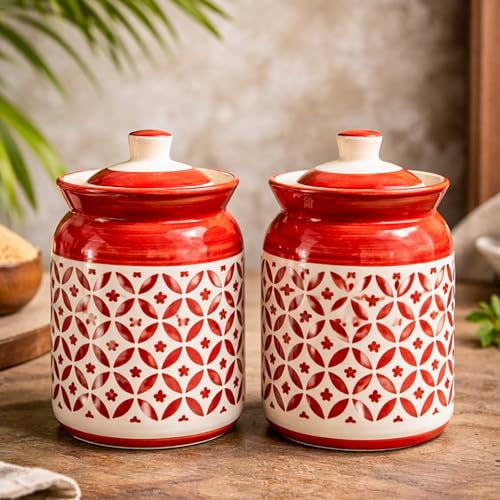 Image of D'Maiolica Pickle Jars in 1000ml (set of 2) | Handpainted Floral Pattern 1 kg Achaar Martban | Ceramic Container Set for Kitchen Storage (Pack of 2) (Crafted Geomatric Pattern)