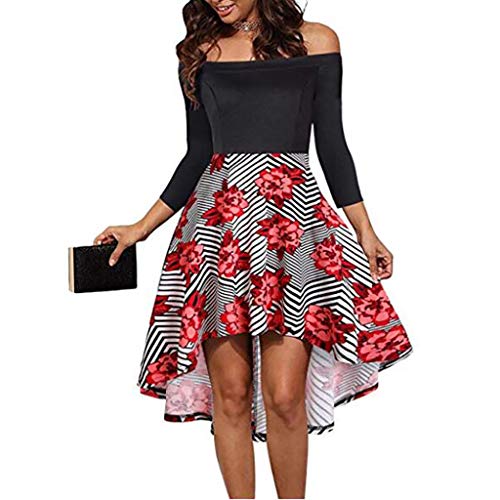Sunnywill Women Dress, Women Fashion Slash Neck Flower Print Short Dress Knee-Length Dress Womens Comfortable British Style Floral Dress Cocktail Dress Gray