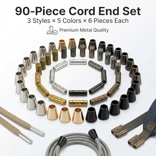 YYMT Lot de 90 verrous de cordon en métal, 5 couleurs, 3 styles (bell/cylindrique/4 trous) embouts pour lacets, cordons de serrage, sacs à dos, sweats à capuche, projets de bricolage et accessoires de – vue 2