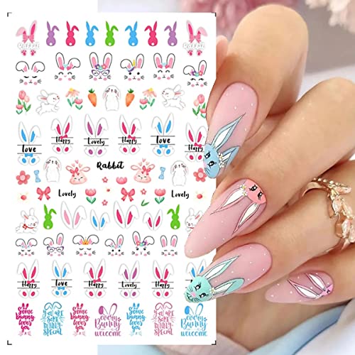 8 Sheets Easter Rabbit Nail Art Stickers Decals,3D Self-Adhesive Nail Art Accessories Cartoons, Rabbits, Animals, Hearts, Flowers,Designs Sticker Lovely Retro Rabbit Manicure Diy Nail Decorations #TOP2