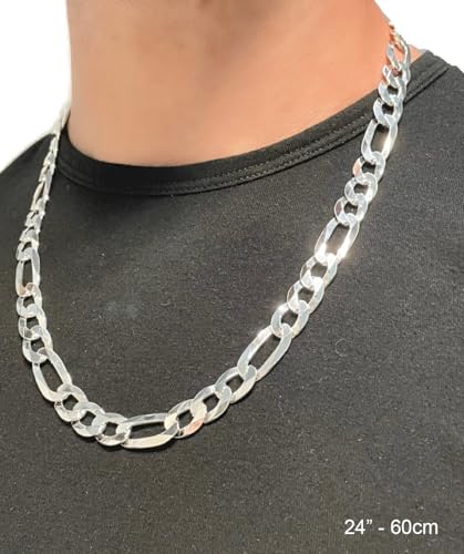 Aka Gioielli - Italian 925 Sterling Silver 11mm Diamond-Cut Figaro Link Chain - Solid Sterling Silver Necklace for Men and Women - Made in Italy4