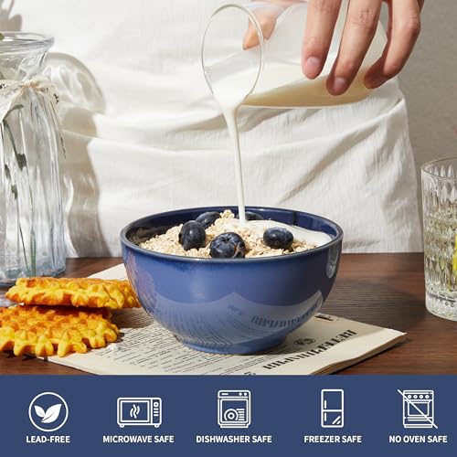 Image of Pokini 5.5 inch Stoneware Cereal Bowls Set of 6, 22 Oz Soup Bowls Set | Reactive Glaze Cereal Bowls Set for Cereal Soup Snacks, Kitchen Bowls for Meal, Dishwasher & Microwave Safe, Light Blue