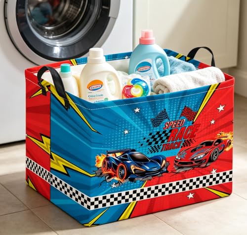 Image of Rectangle Storage Basket with Handles,Collapsible Storage Bin,Books Box,Gift Basket(Red vs. Blue Racing)
