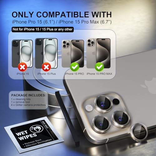 Image of Choiche Compatible for iPhone 15 Pro /iPhone 15 Pro Max Camera Lens Protector, 9H Tempered Glass Camera Cover Screen Protector Metal Ring Decoration Accessories (Titanium Gray)