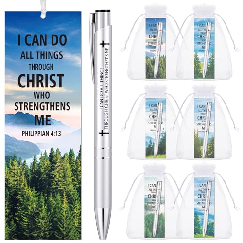 Dispowreath 24 Pcs/12 Sets I Can Do All Things Through Christ Bookmark Pen Set Include 12 Philippians 4:13 Bookmarks 12 Inspirational Religious Pens for Women Men Christian Gifts Church Party Supplies