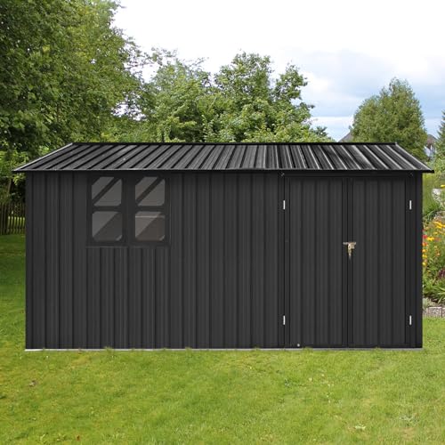 KEIKI 12x10 FT Metal Garden Shed with Window & Storage Shelves Outdoor Storage House Apex Roof Ventilated Utility Shed with Hinged Door for Backyard Tool Organization Lock Included Black