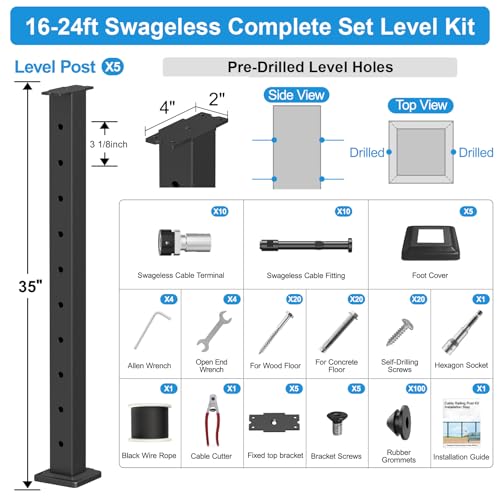 Image of 16FT-20FT Swageless Complete Set Black Cable Railing Post Kits 36 Inch Modular Cable Railing System for Decks Length Adjustable Easy DIY with 250FT Wire Rope & 5 Deck Post Kit(No Handrail)
