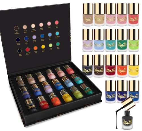 Set de Esmaltes de Uñas Mate – 18 Tonos en Caja de Lujo Negra y Dorada con Cierre Magnético, Botellas de Vidrio Esmerilado y Tapas Doradas – Fórmula Sin Gel – Marca 100% Británica