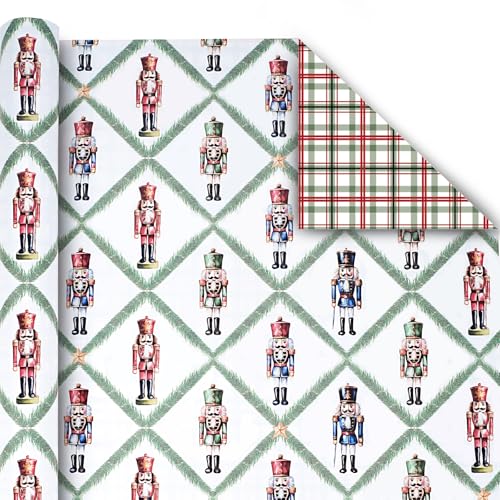BIOBROWN Reversible Christmas Wrapping Paper - 17 Inch X 33 Feet (46.7 sq. ft. ttl.) - Vintage Nutcracker and Plaid Design Perfect for Xmas Party Holiday Gift Wrap