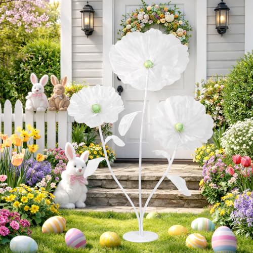 Image of Giant Silk Flowers Spring Decor - 5.58ft Artificial Flowers 3D Large Fake Floral with Stand Base for Wedding Bridal Shower Birthday Party Yard Ceremony Decoration (White)
