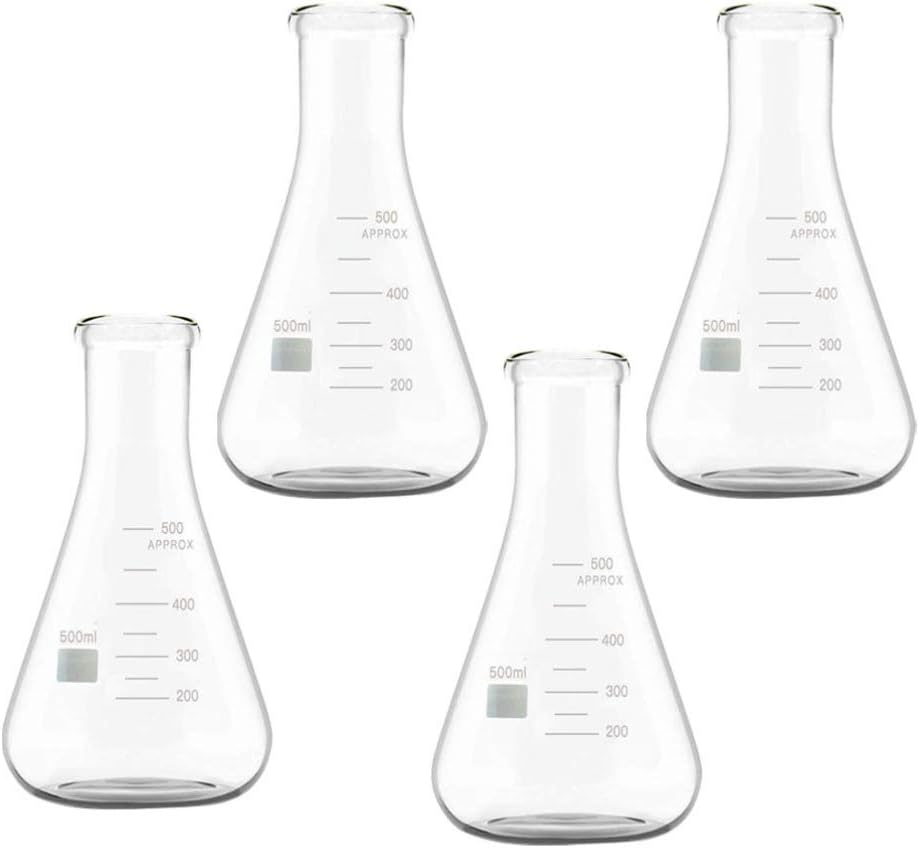 Hemobllo 4pcs Boiling Flask Flat Bottom Narrow Mouth Erlenmeyer Flasks Borosilicate Glass Laboratory Flasks Equipment for Chemistry Laboratory Supplies 500ml