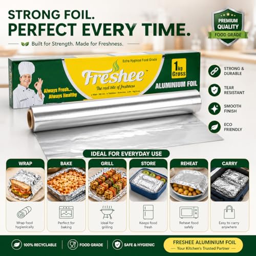 Image of Freshee Aluminium Foil Paper for Food Wrap 1 Kg Gross | 18 Micron Roll for Roti Paratha Sandwich Wrapping Cooking Baking Grilling | Hygienic Foil for Kitchen Office Use | Keep Food Fresh & Warm Pack 3