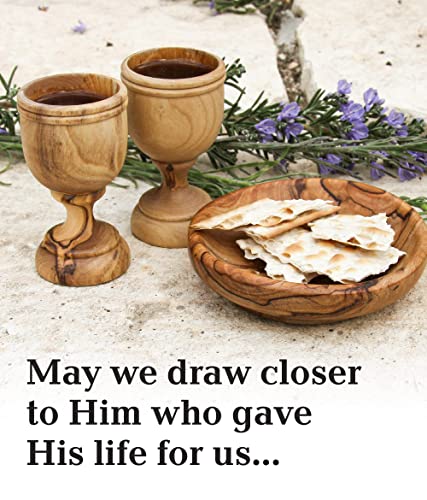 2 Small Communion Cups With Wooden Bread Tray in a Gift Bag. Hand Carved Kiddush Cup from Olive wood - for Church, Ministry & Worship events with Certificate of Origin.